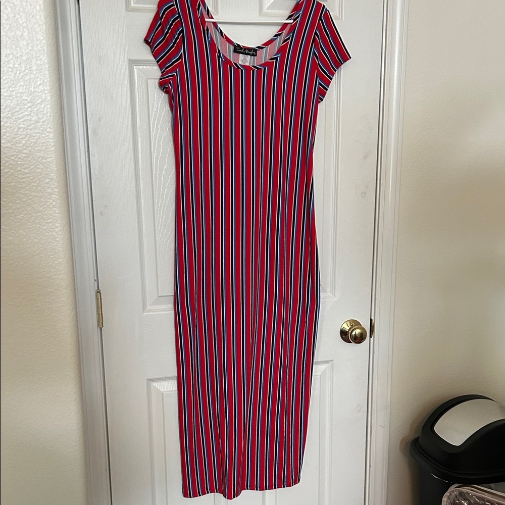 French Atmosphere Red and Blue Striped Maxi Dress - Picture 1 of 2